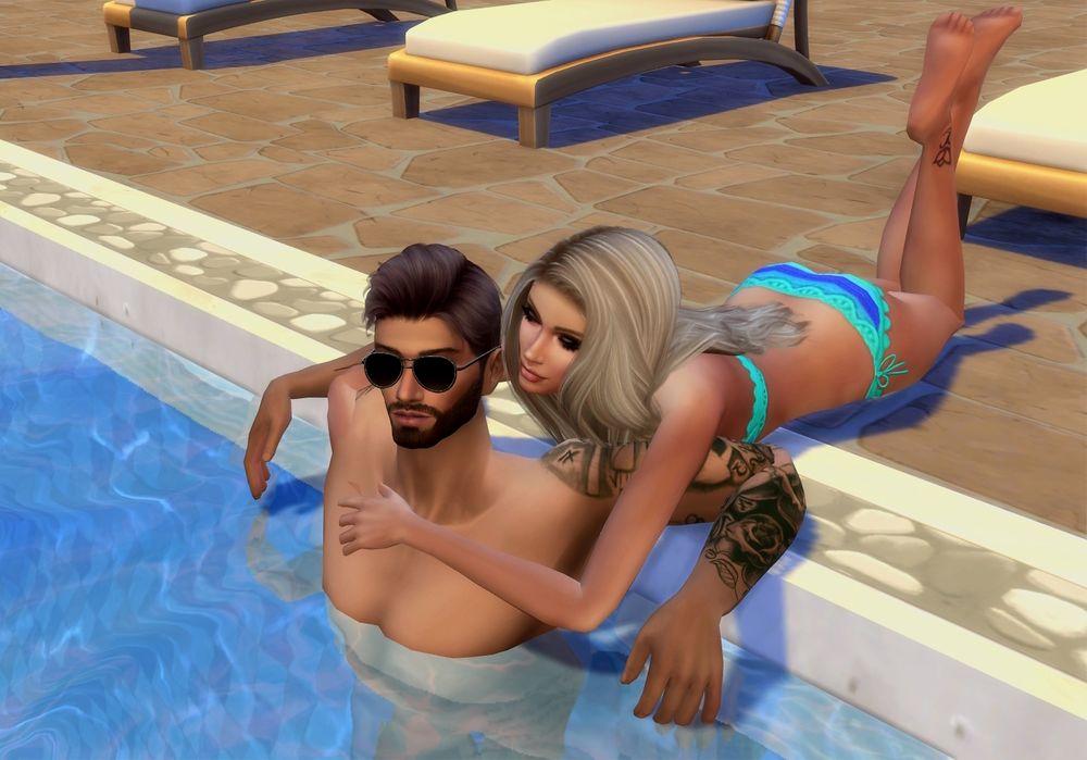 Max is in the pool with his back against the wall and arms propped up on the ledge, while Karolina lies prone on the stone deck with arms wrapped around Max's shoulders. 

The pool water is a clear, bright sparkling blue. 

Max: tanned skin, short dark brown hair, short trimmed beard, tattooed arms and ribs. He's wearing teal swim trunks and aviators.

Karolina: long, wavy blonde hair that falls to her navel, aqua eyes, and fair skin that's slightly burned. She's wearing a bright aqua and teal bikini. 