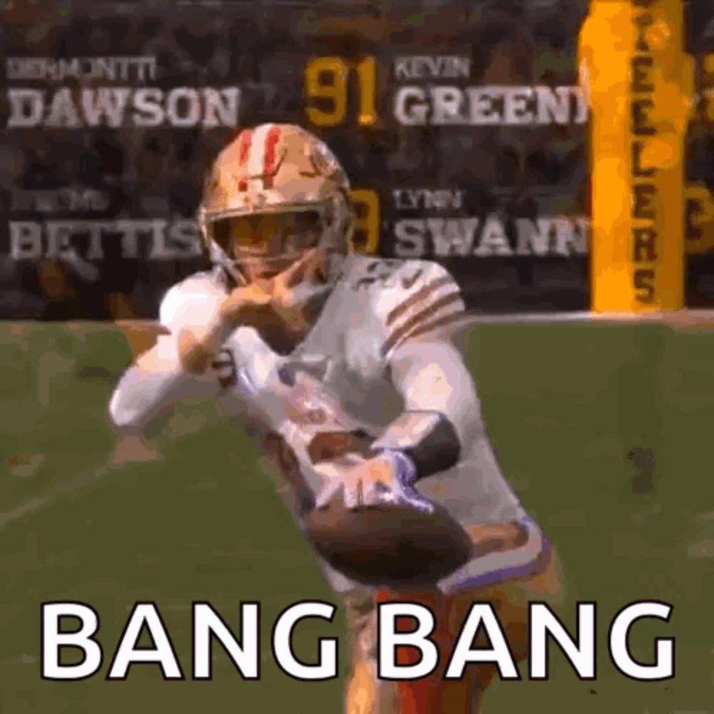 a football player is running with a ball on a field and the words bang bang are on the screen .