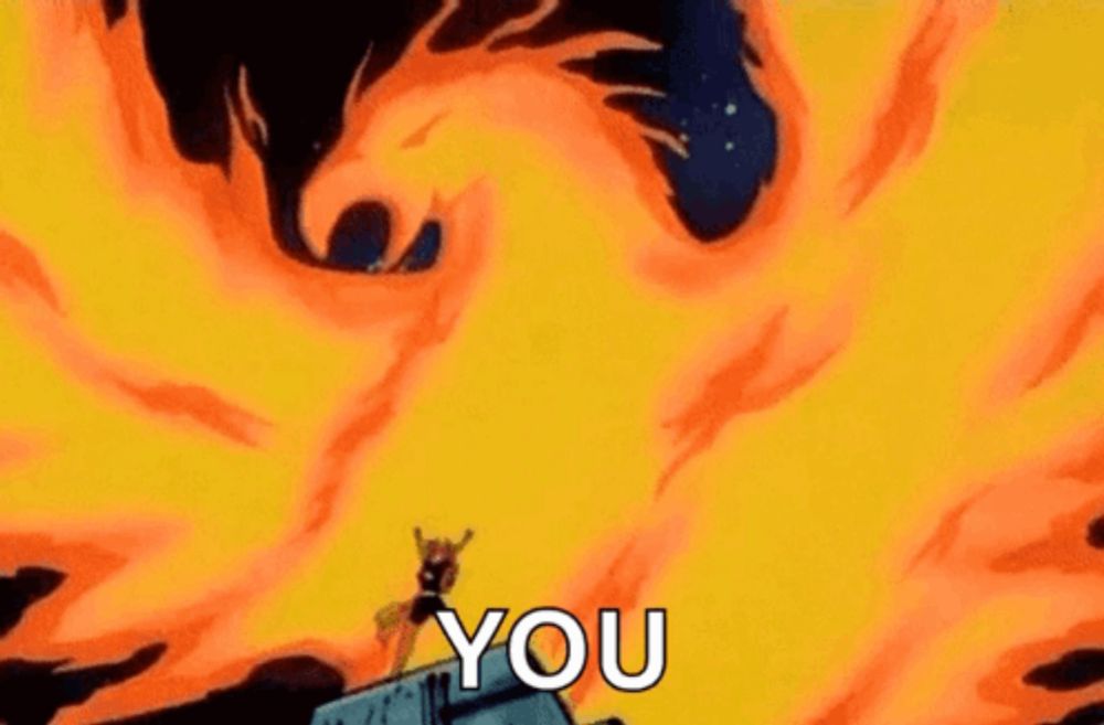 a cartoon character is standing on top of a building in front of a fireball .