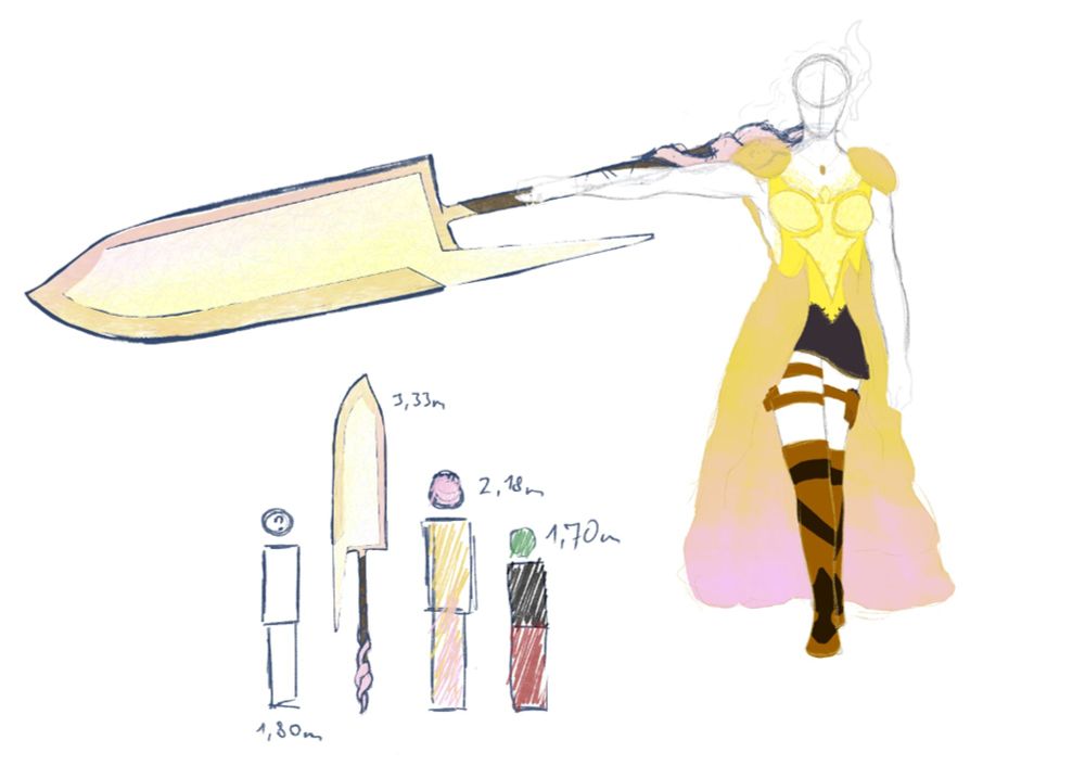 A digital sketch of Warren, wielding her Great Spearblade Epoch.

Below is a height scale:

For reference - 1,80 m
Epoch - 3,33 m
Warren - 2,18 m
Elysa - 1,70 m