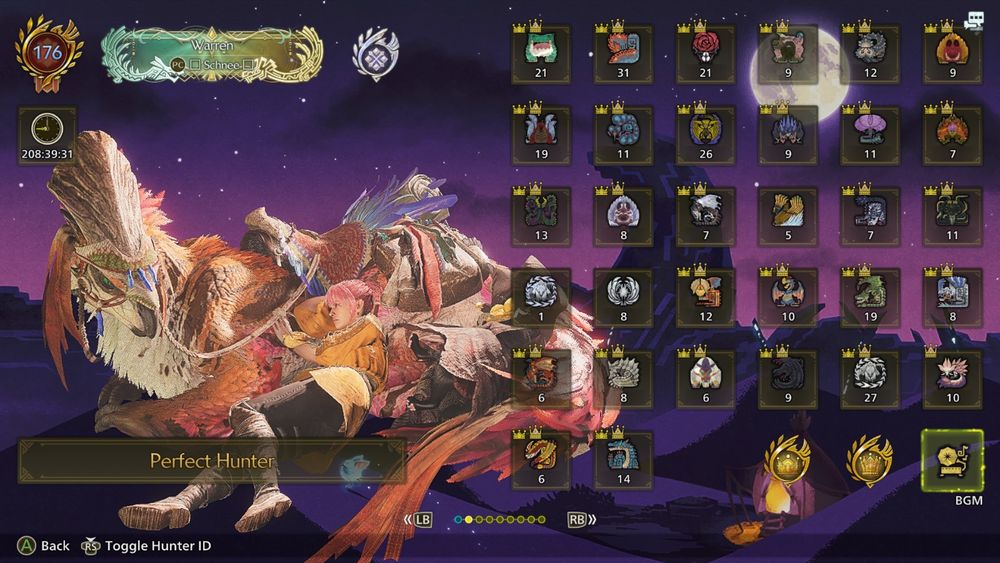 My Monster Hunter Wilds profile, depicting every Monster and all their crowns. It showcases the Eastward Wings Award for achieving all awards, as well as the two most difficult awards, Miniature Crown Master and Giant Crown Master.