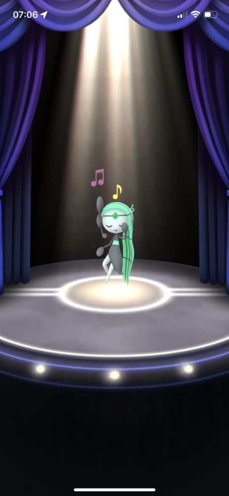 Screenshot of shiny Meloetta taking the stage in Pokemon Go.