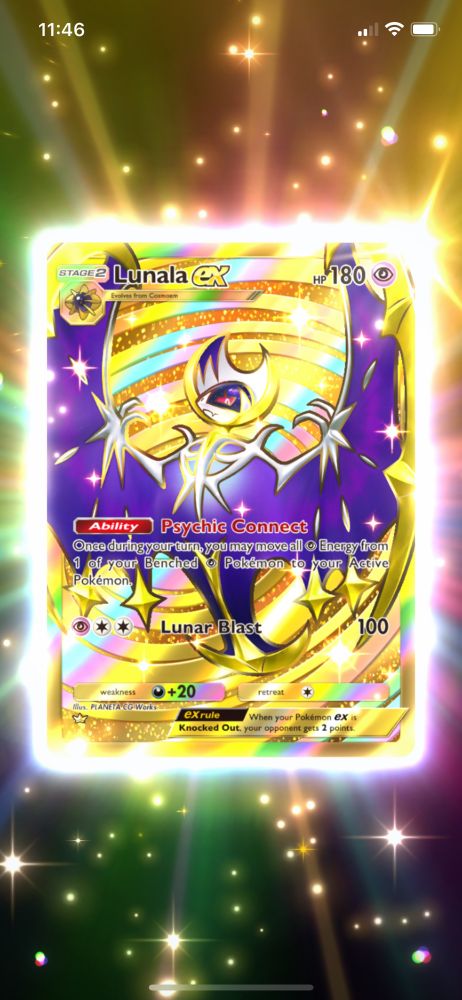 Screenshot of ultra rare gold Lunala card from Pokemon TCG Pocket.