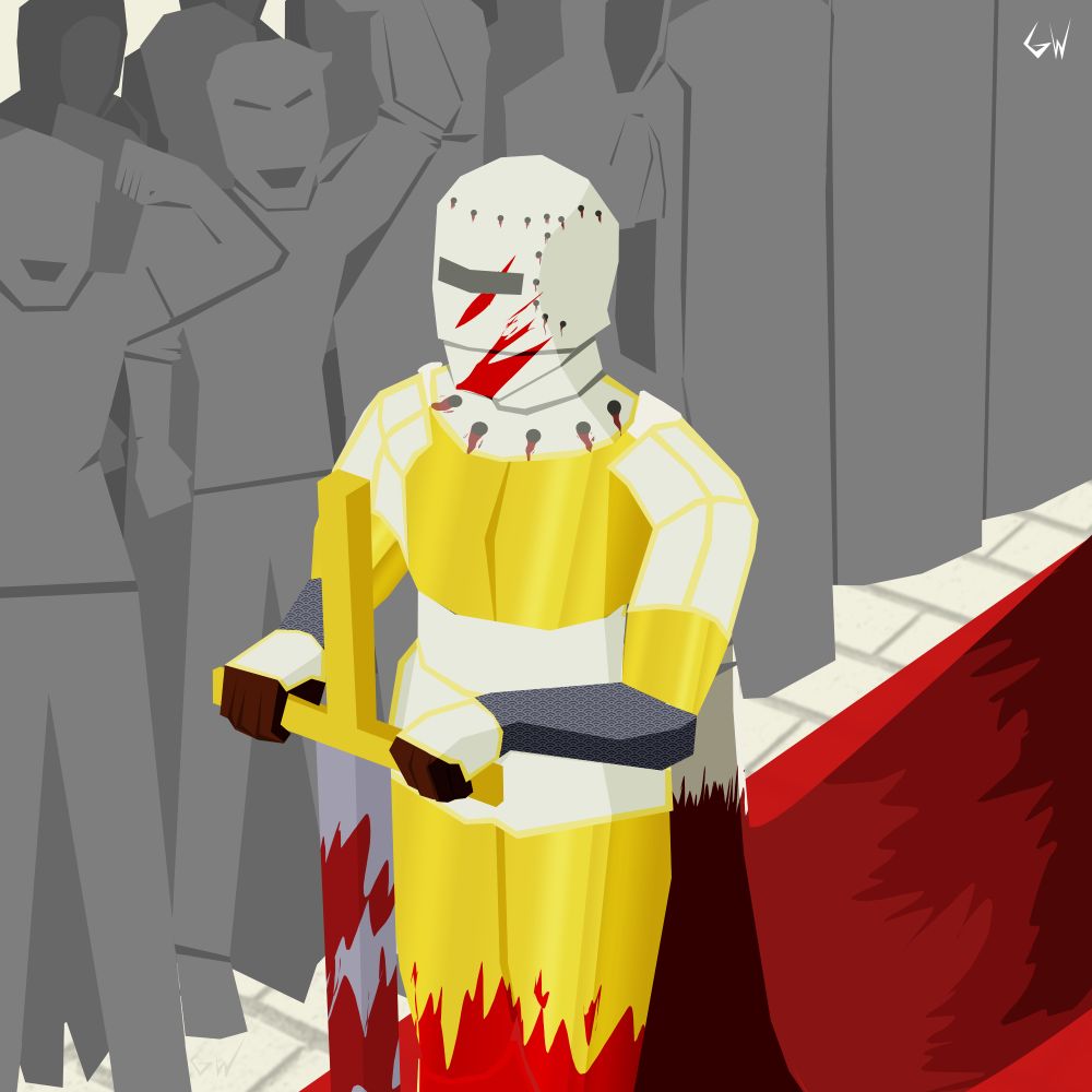 The image depicts a crowd cheering on a knight, the knight is covered in blood, and their cape which was originally white is dragging across the floor, covered in blood. The knight is wearing a white and gold armor, and the nails found on the knights helmet have dried blood around them.