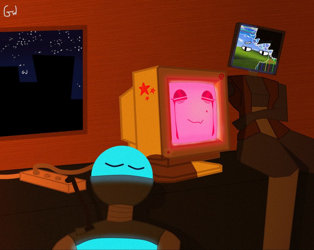 The image depicts 3 robots sitting in a dimmly lit room, the one on the left is being charged by a cord, the middle is plugged into the same power strip and is a computer. The last robot is sitting next to the computer, they have an arm missing and a large portion of their screen face is broken.