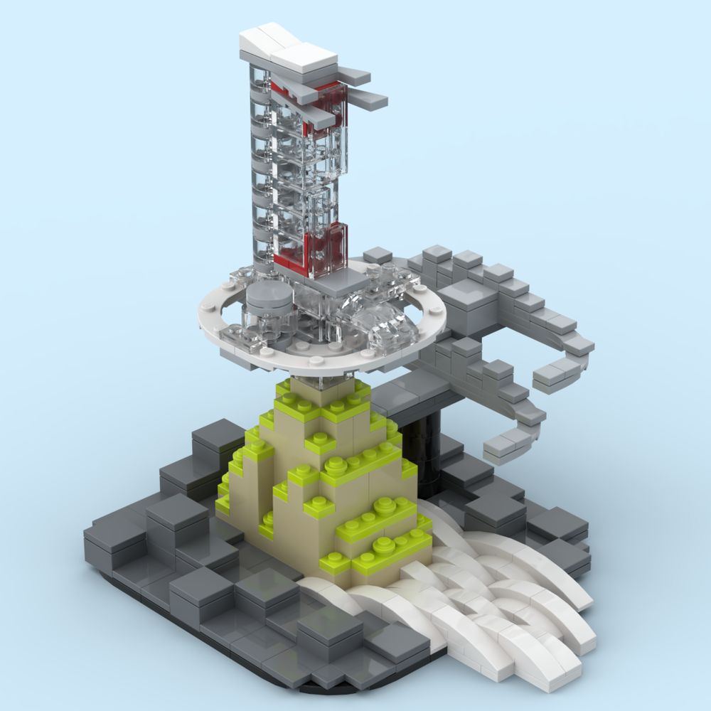 Lego digital model. A floating skyscraper city suspended above a mountain, with two arcing wings of buildings to one side, all towering over an expanse of uniform blocky grey structures.