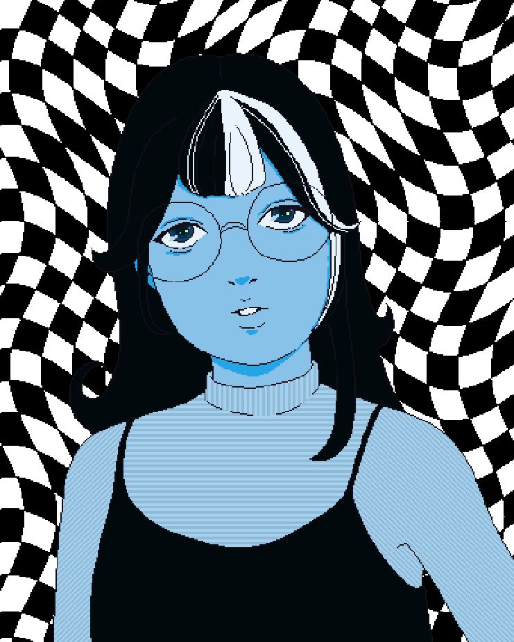 a person drawn in a pixel art style. it is from the shoulders up. it is colored in shades of blue. they have glasses on, a sweater, and a thin strapped top on. their hair is dark with one white stripe. the background is a wavy black and white checkerboard pattern.