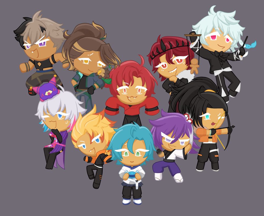 A group picture depicting Holostar EN vtubers drawn in the style of cookies from the Cookie Run franchise.  The Vtubers depicted are Top Row: Crimson Ruze, Goldbullet, Machine X Flayon, Jurard T. Rexford, Octavio. Bottom Row: Gavis Bettel, Axel Syrios, Regis Altaire, Banzoin Hakka and Josuiji Shinri