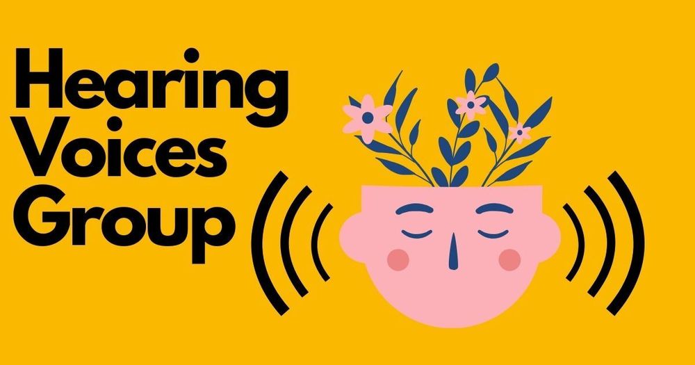 Illustration of a pink face with closed eyes and flowers growing from the head, surrounded by sound wave symbols, next to the text 'Hearing Voices Group' on a yellow background.