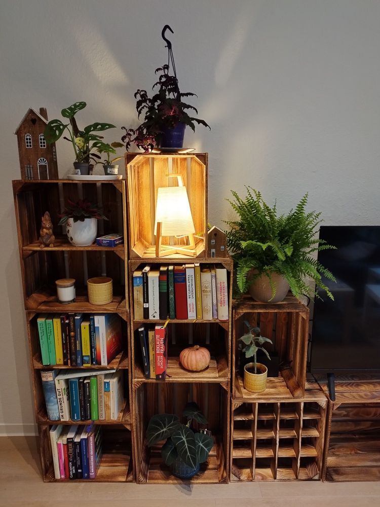 einige weinkisten regale gefüllt mit pflanzen, büchern, zierlürbissen und anderer deko