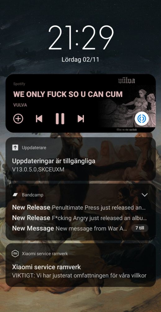 mehrere updates nötig anzeigen auf schwedisch; der song WE ONLY FUCK SO YOU CAN CUM von vulva läuft; einige bandcamp notifications; im hintergrund das bild witches sabbath von francisco goya