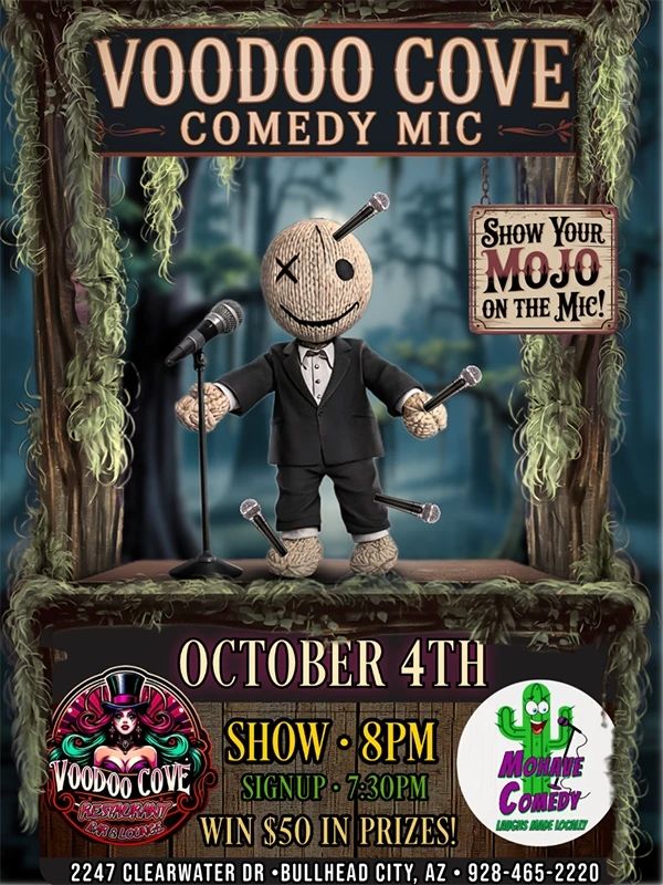 In advertisement for an open comedy mic. It features the date of the show October 4th, the times that the show begins, the $50 prize, and the main photo is a voodoo doll with microphones like pins sicken out of it. 
The place is called voodoo cove so it is on theme.