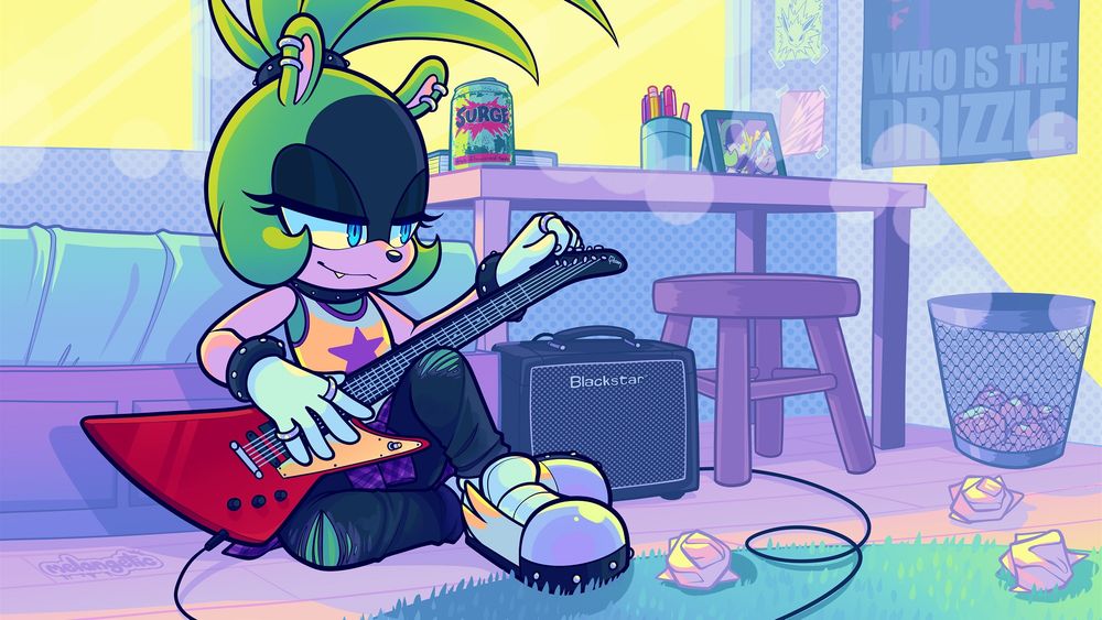 Surge the Tenrec tuning her guitar, crumpled paper from scrapped song lyrics are tossed about in a small dorm-area with posters, an amp, and a can of surge soda on the desk.