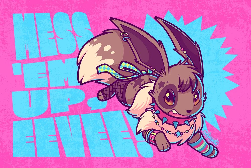 "MESS 'EM UP, EEVEE!" spunky Eevee with a spotty eye, spiked collar, stockings, and ribbon tail mid-leap!