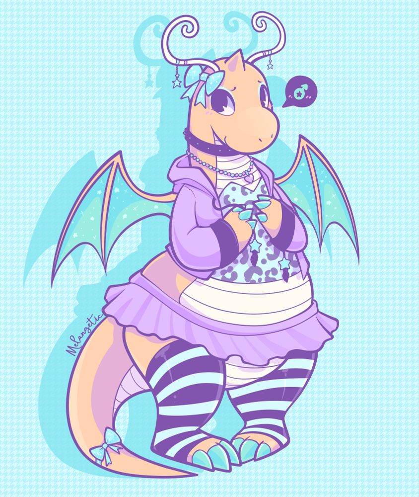 Dragonite wearing a ribbon, choker, necklace, a cropped hoodie and shirt and a skirt and stockings.
Made in 2019 but I still love it. Was supposed to be a dragonite in drag. Some folks debated on the gender and while intended to be a male that loves wearing skirts, I don't mind if folks like to use my guys represent whatever gender they see fit.