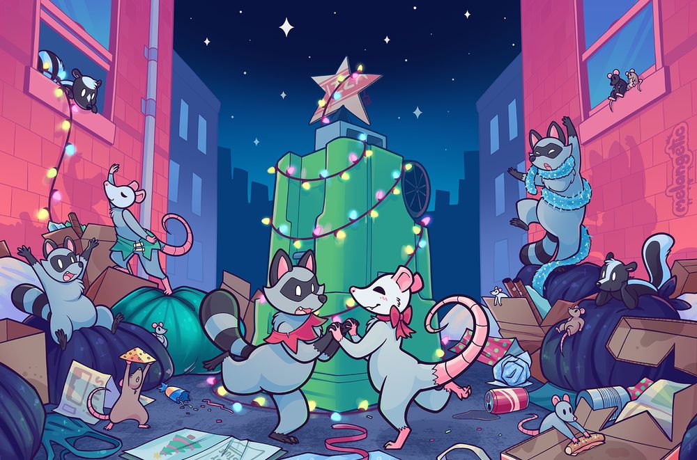 Christmas night inside an alleyway, a raccoon and opossum holding hands and dancing around an upturned green trashcan decorated with christmas lights with a cinderblock and carved out pizza box shaped like a star on top. They are also surrounded by tons of trash and various other raccoons, opossums, skunks, rats, and mice who are also enjoying the festivities.
