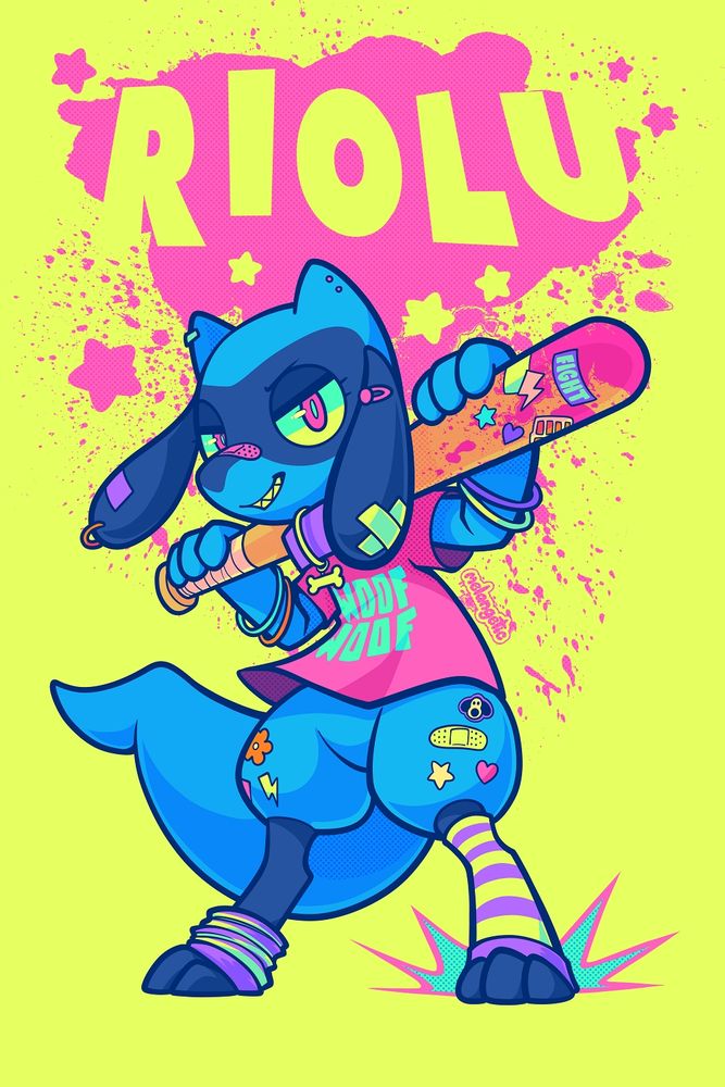 Riolu carrying a besticker'd baseball bat with (paint)splatters covered in stickers, bandaids, and a "WOOF WOOF" shirt, and the words "RIOLU" behind it
