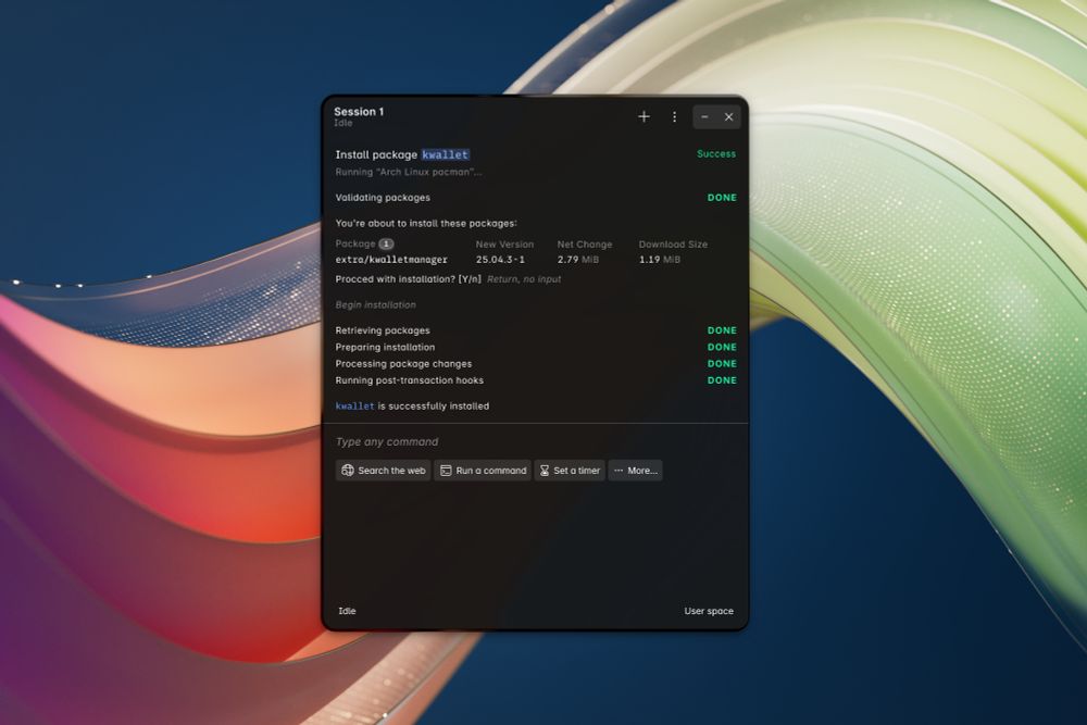Quadscope Commander App showing the idle session with the latest command, which is installing the Arch Linux package: "kwallet"