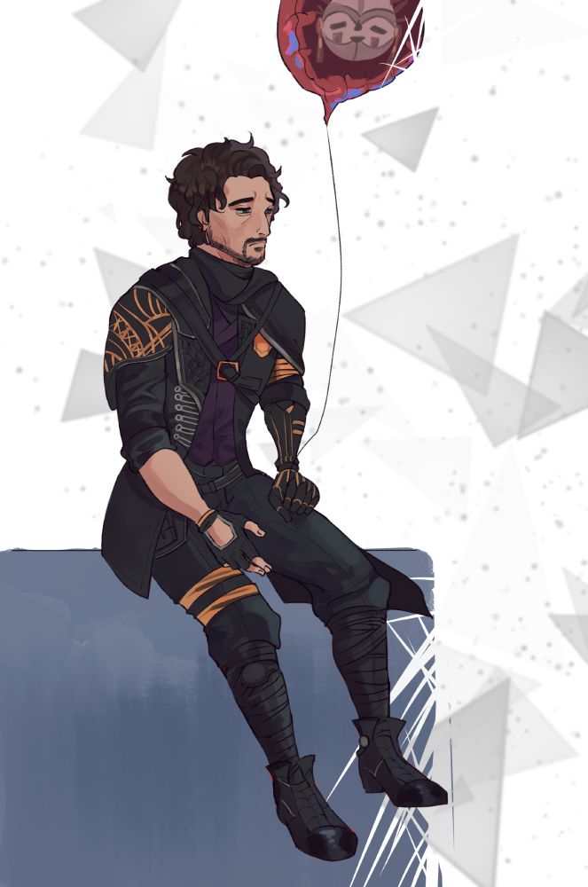 A man named Gustave from Clair Obscur Exhibition 33 sitting on a blue rectangular platform with a somber, defeated look on his face. He is holding a balloon with Esquie's face on it. This is a parody of Daredevil where Matt Murdock (who's actor is Gustave's voice actor) is sitting down sadly with a balloon with a monkey on it. 