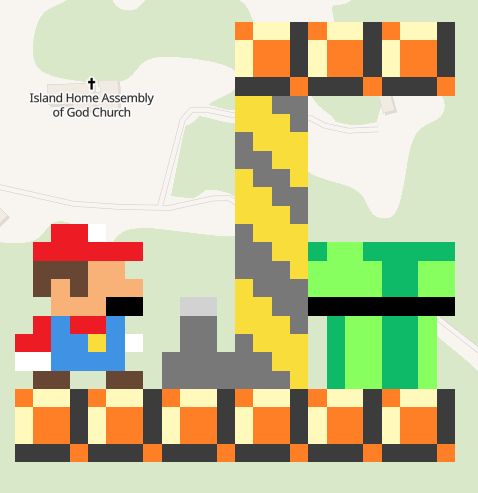 a layout referencing the level up youtube channel, featuring tiny mario about to activate a lever to open a barrier to a pipe, drawn on wplace