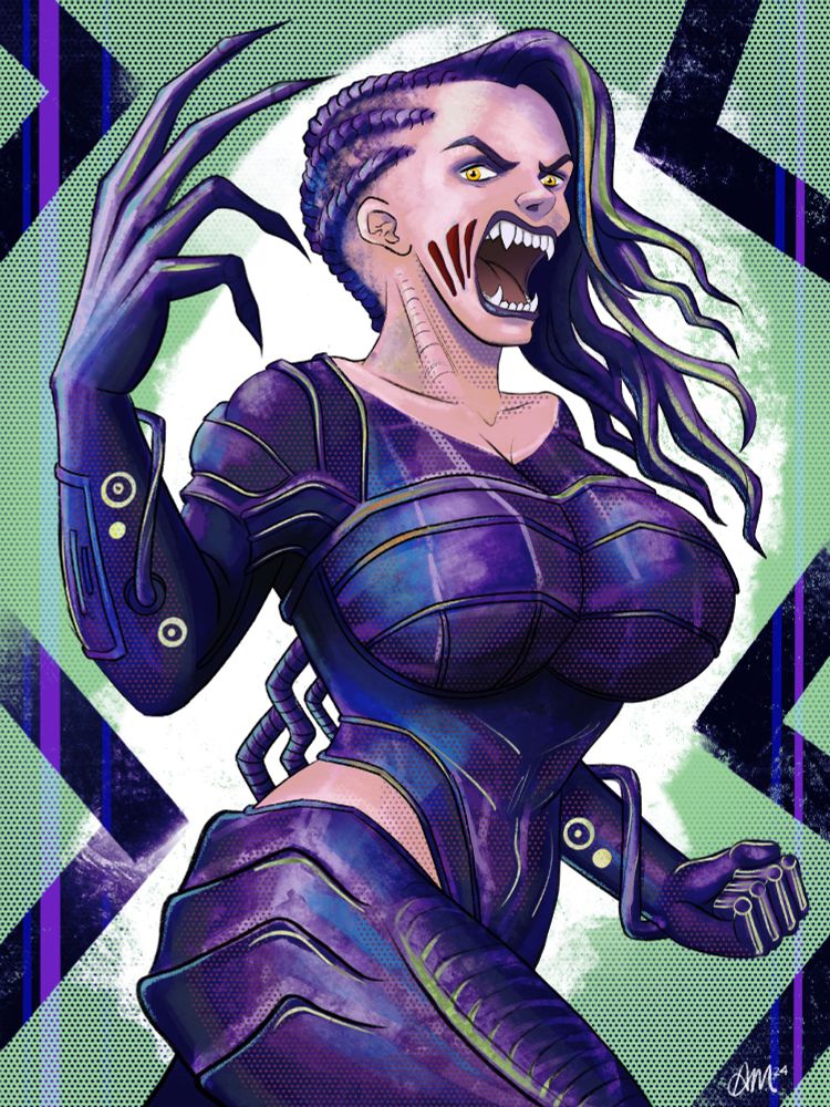 Drawing of alien monster woman wearing purple space suit with a claw on her right hand against a green abstract background.