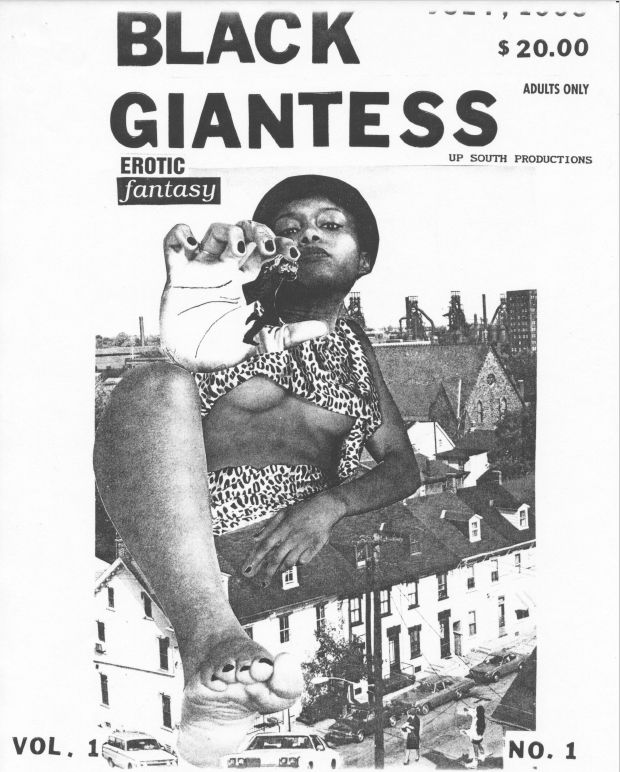 Cover to Black Giantess no 1 showing an enormous African-American woman holding a man in her right hand.