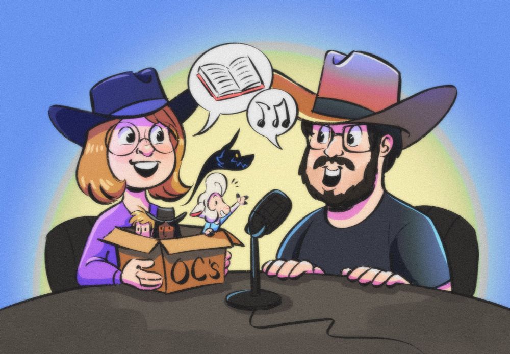 Digital art showing two people conversing at a table with a microphone between them. On the left is a woman with short blonde hair and glasses, wearing a cowboy hat and holding a cardboard box labeled “OC’s.” Inside the box, a cartoon anthropomorphic sheep leans out and waves, while a wolf head floats above her. Two timid cowboys peek out of the other side of the box. On the right side of the table is a brunet bearded man with glasses, also wearing a large cowboy hat. The woman has a speech bubble with an open book in it, while the man has a speech bubble with music notes in it. 