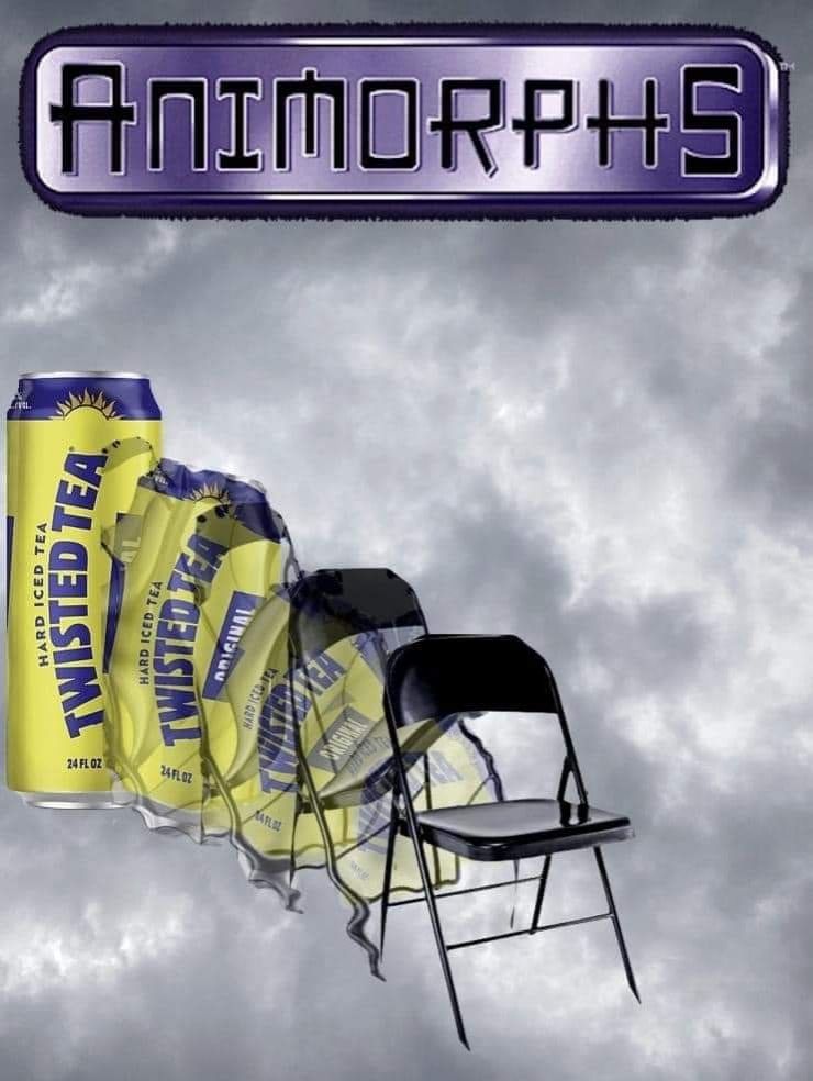 A twisted tea can morphing into a folding chair.