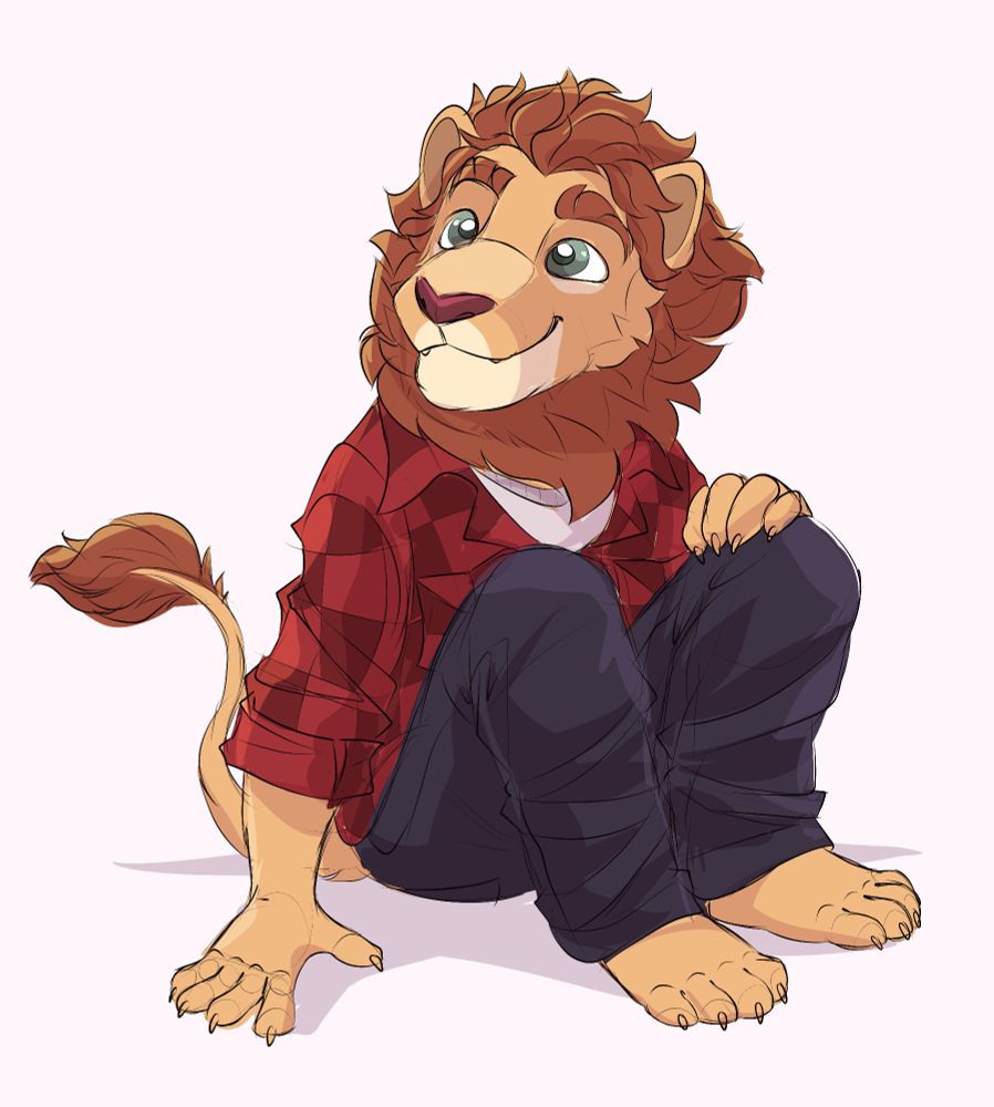 A lion wearing a lumberman shirt and black trousers  is sitting on the ground and looking up to the side