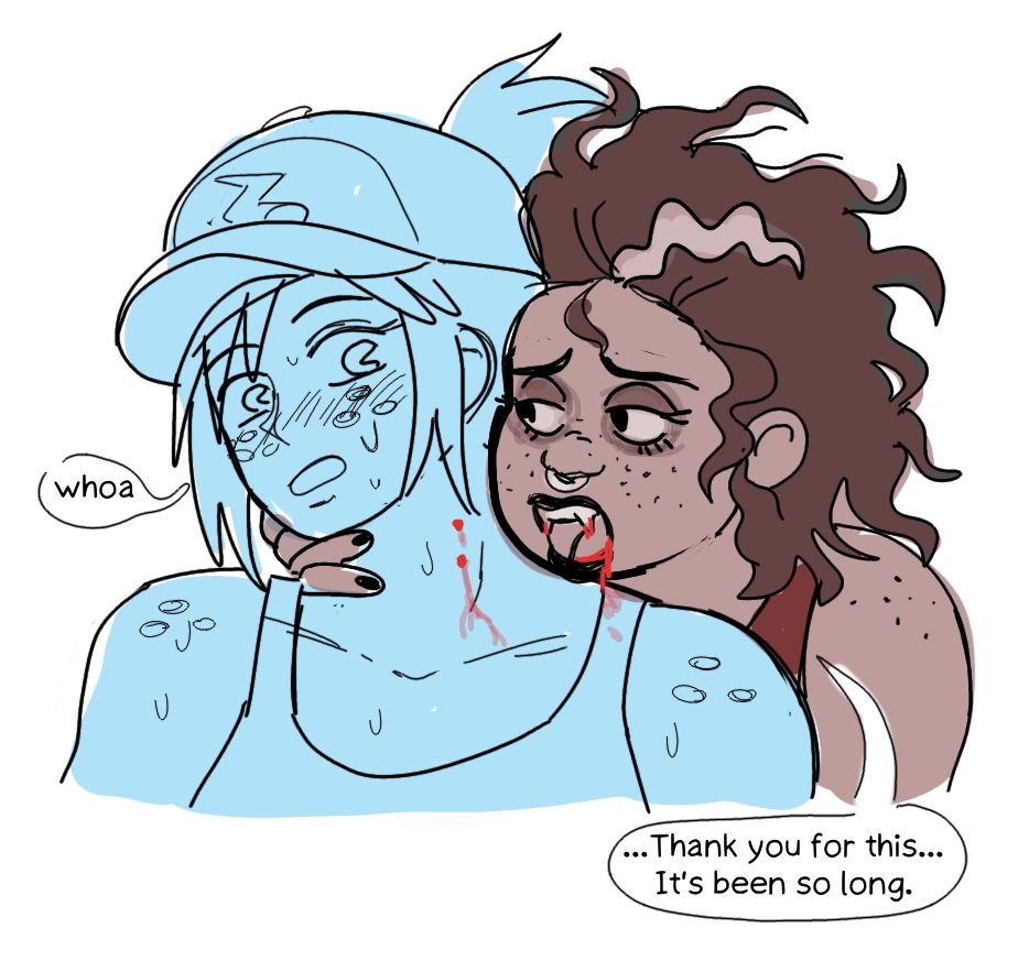 Ashley is allowing Levana to bite her neck.
Ashley: "whoa"
Levana: "...Thank you for this... It's been so long."