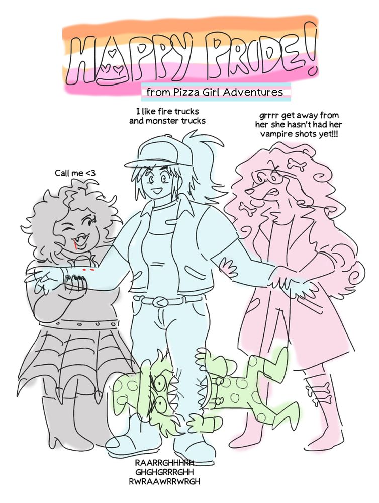 Ashley "Pizza Girl" Allegri, a butch pizza delivery woman, is being fought over by other girls.
The goth vampire Levana D'Aphotique says 'Call me <3', grabbing one arm
The mad scientist dog girl Peperrita "Pepper" Delgado says 'grrr get away from her she hasn't had her vampire shots yet!!!!', grabbing another arm
The mushroom witch Portia Bellows gnaws on Ashley's leg saying "RAARRRGHHHH GHGHGHRRRGH RAAWAWRRGH"
Ashley says "I like fire trucks and monster trucks"