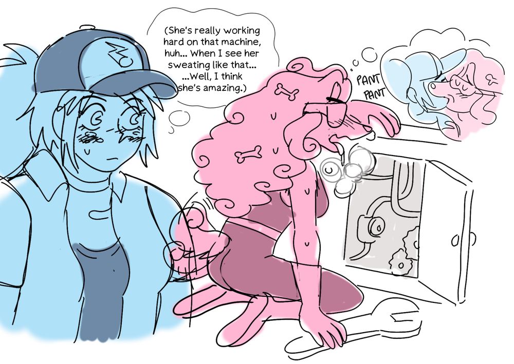 Ashley sees Pepper hunched over a cabinet with a wrench, sweating and panting.
Ashley, thinking: (She's really working hard on that machine, huh... When I see her sweating like that... ...Well, I think she's amazing.)
(Pepper is fantasizing about her and Ashley making out)