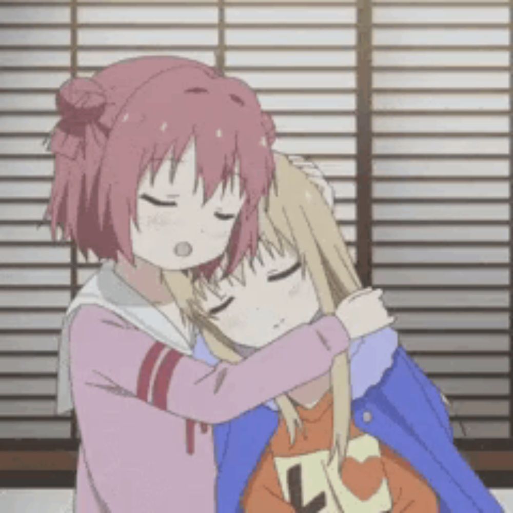 two anime girls hugging each other in front of a window with blinds .