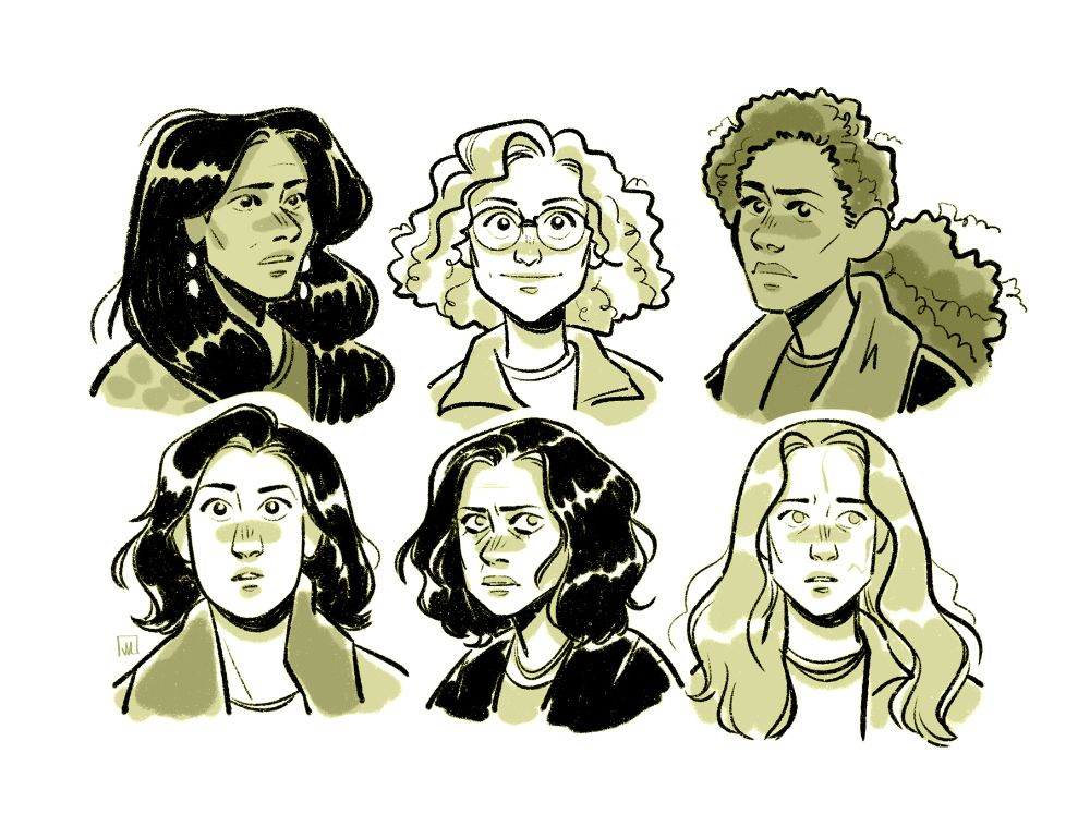 Clockwise from top left: Lottie Matthews, Misty Quigley, Taissa Turner, Van Palmer, Natalie Scatorccio, and Shauna Shipman Sadecki as adults.