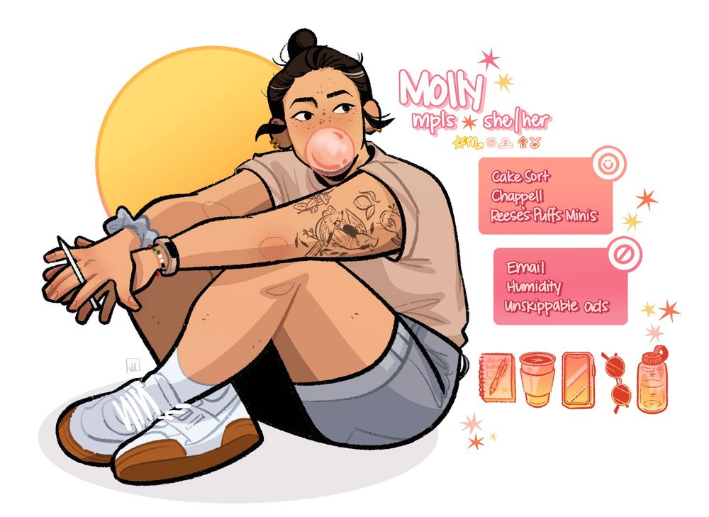 Illustration of Molly sitting and blowing a bubblegum bubble. Text reads: "Molly, Minneapolis, she/her. Likes: Cake Sort, Chappell [Roan], Reese's Puffs Minis. Dislikes: Email, Humidity, Unskippable ads."