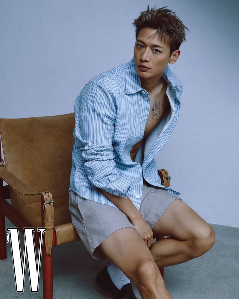 Choi Minho in an open button down shirt and shorts magazine pose