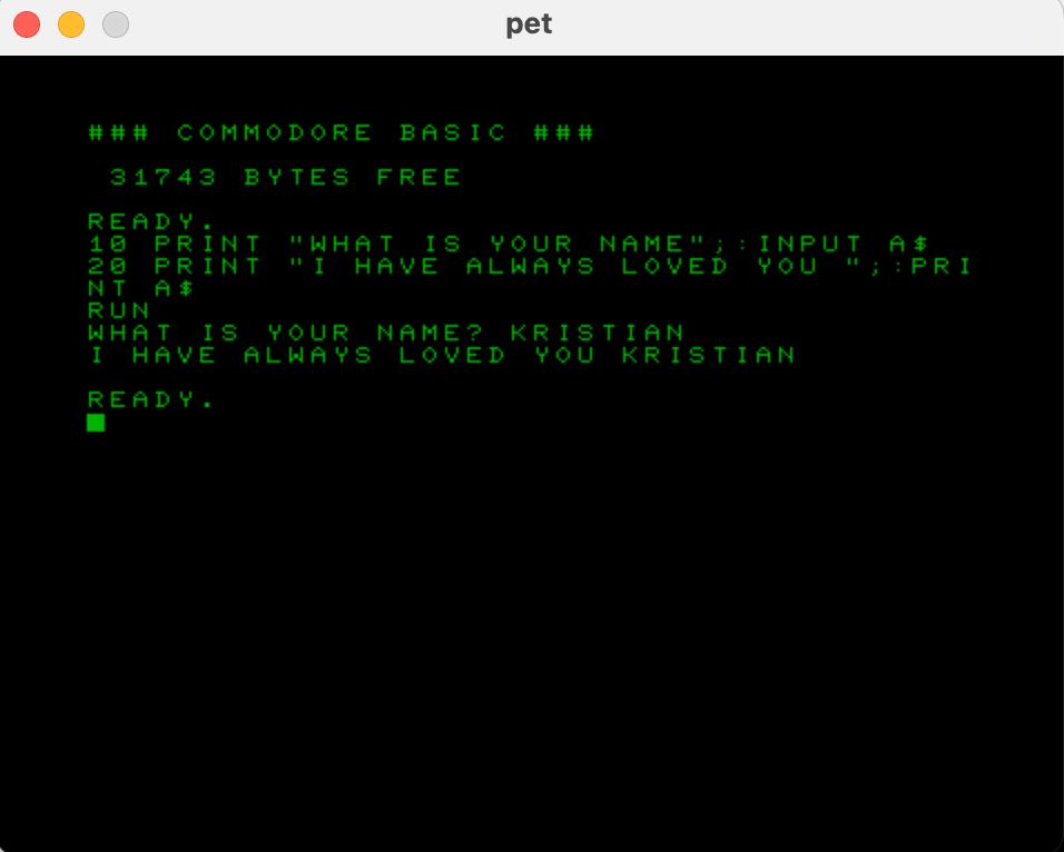 A screenshot of a Commodore PET emulator, with green upper-case text on a black background, showing the above BASIC program running successfully on "COMMODORE BASIC" which is really Microsoft BASIC.
