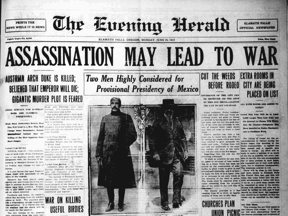 The front page of The Evening Herald on 29 June 1914, with a banner headline “Assassination May Lead to War” above an article about the shooting of Archduke Franz Ferdinand