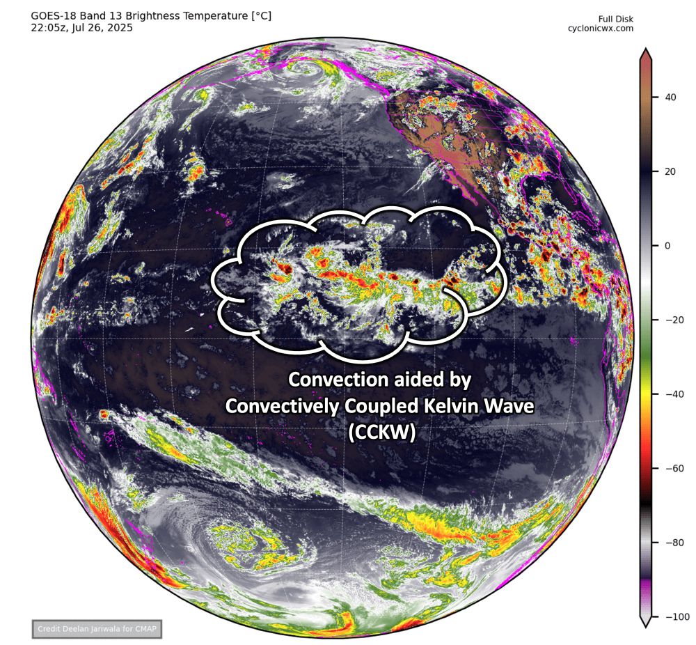 GOES-18 Full Disk View Infrared Satellite Image valid 2205 UTC 26 July. Annotated is the bubble is convection being enhanced by the CCKW. 