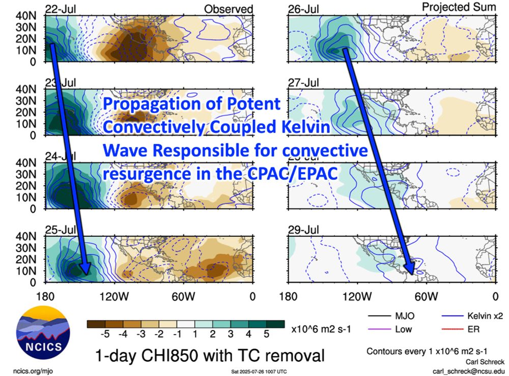 Plot of the western hemisphere showing the filtered Kelvin Wave band (blue solid lines indicate upward vertical motion). Note the wave propagating eastward across from 22 Jul to 29 Jul (following the blue arrow). 