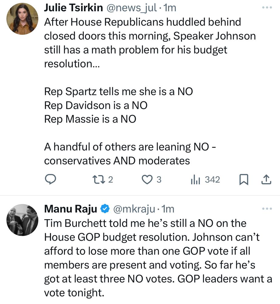 Tweets from Manu Raju and Julie Tsirkin counting House Republican votes against the GOP budget resolution, including Reps. Burchett, Spartz, Massie, and Davidson, with more alluded to. 