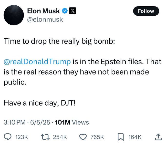 Elon posts that Trump is in the Epstein files