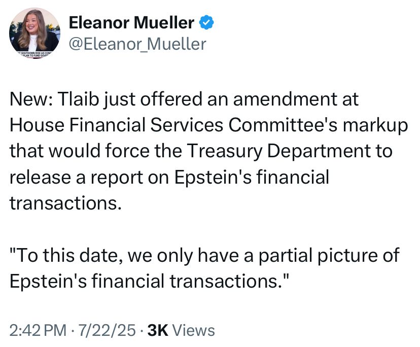 Semafor’s Eleanor Mueller: New: Tlaib just offered an amendment at House Financial Services Committee's markup that would force the Treasury Department to release a report on Epstein's financial transactions. 

"To this date, we only have a partial picture of Epstein's financial transactions."