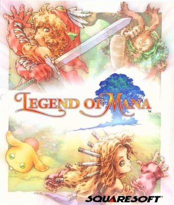 Game cover for legend of mana. A girl is in the bottom right corner, with sticks in her hair. A boy is in the top left corner with a sword and hat. A rabbit man in the top right corner wearing a green poncho. And a cute, small rabbit like creature in the bottom left corner.