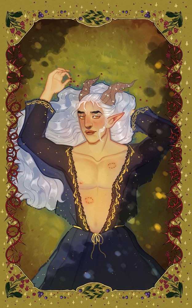Illustration of Finn from HEIR TO THE AUTUMN COURT by Elle Porter, artist: Yune (@heavenlystarr), showing a 3/4 body portrait of a nonbinary fae with long white hair, pointed ears, and antler-like horns, wearing an open sheer robe with gold accents, lying on a grassy ground.