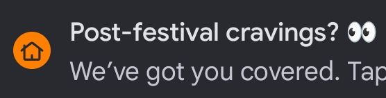 A push notification from GrubHub with the heading "Post-featival cravings?"