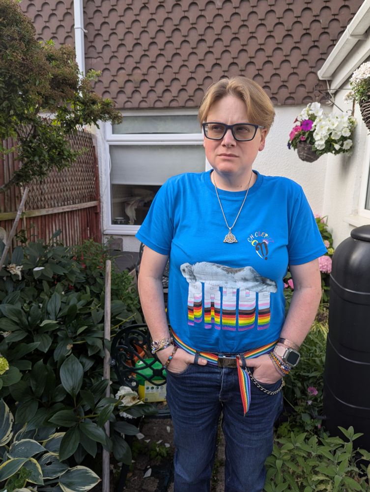I am wearing a blue t-shirt with the word Pride in the progressive pride flag colours. Across the top is a white lop eared bunny.