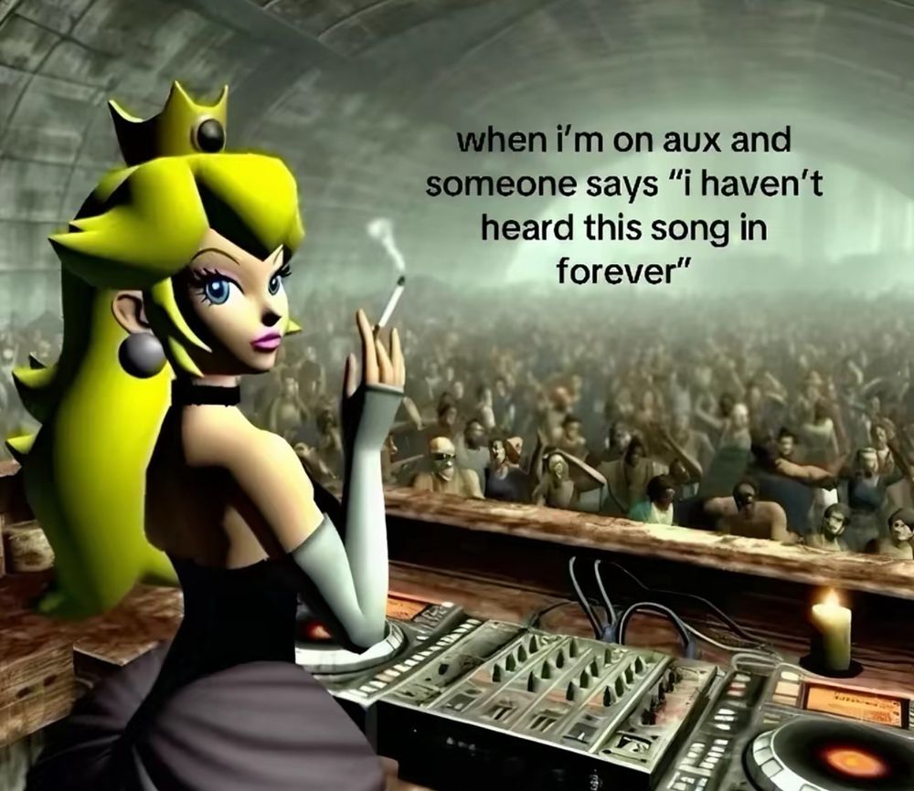 Princess peach smoking a fat doobie djing at some sort of underground rave. It says “when I’m on aux and someone says “I haven’t heard this song in forever” 