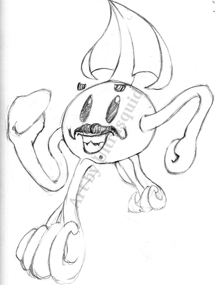 A smiling mustachioed face, with a triangular leaf shape extending from the top, rubbery arms where ears should be, and legs that appear to be made of gathered cords directly attached below the face