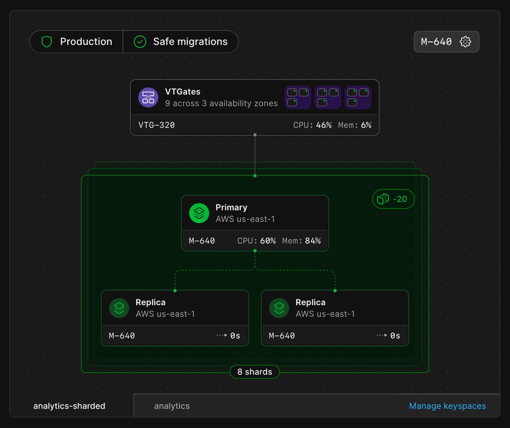 Database infrastructure diagram showing a box for VTGates and then 8 shards - each with 1 primary node and 2 replicas.